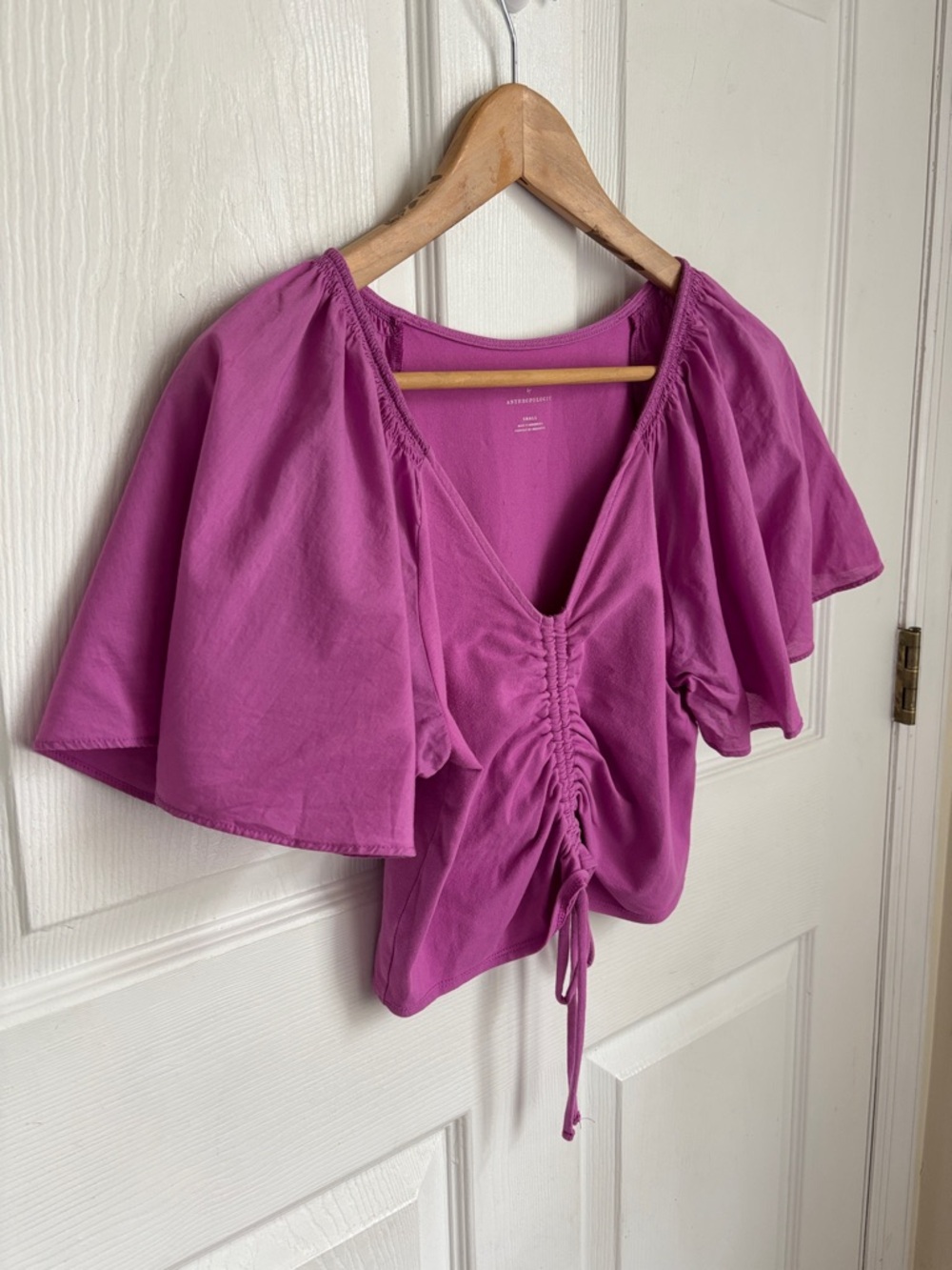 Anthropologie Maeve Magenta Ruched Drawstring V-Neck Crop Top Flutter Sleeve Sm - Picture 5 of 10